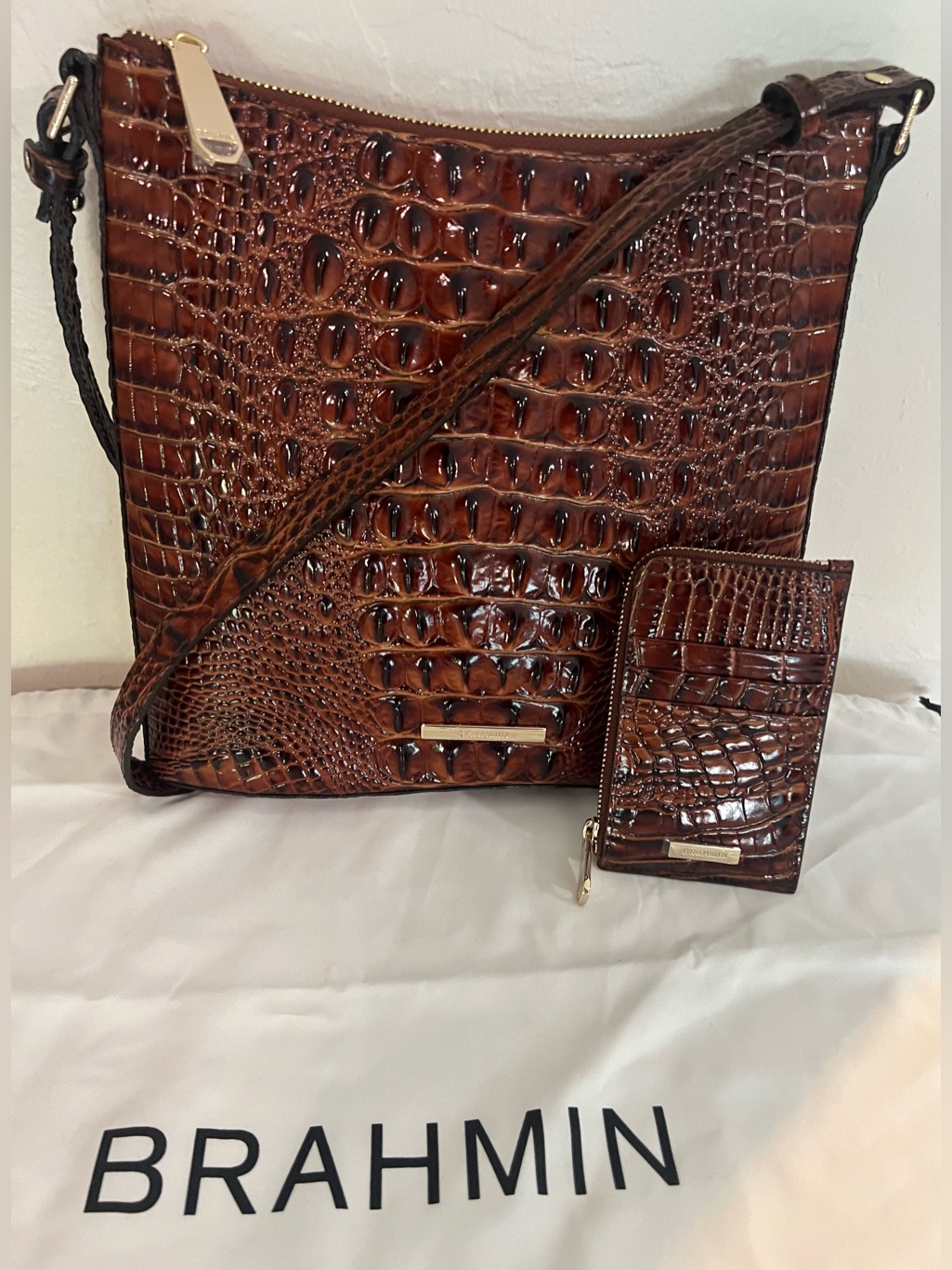 Brahmin Set: Brown Croc-Embossed Katie Crossbody Bag & Matching Card Holder